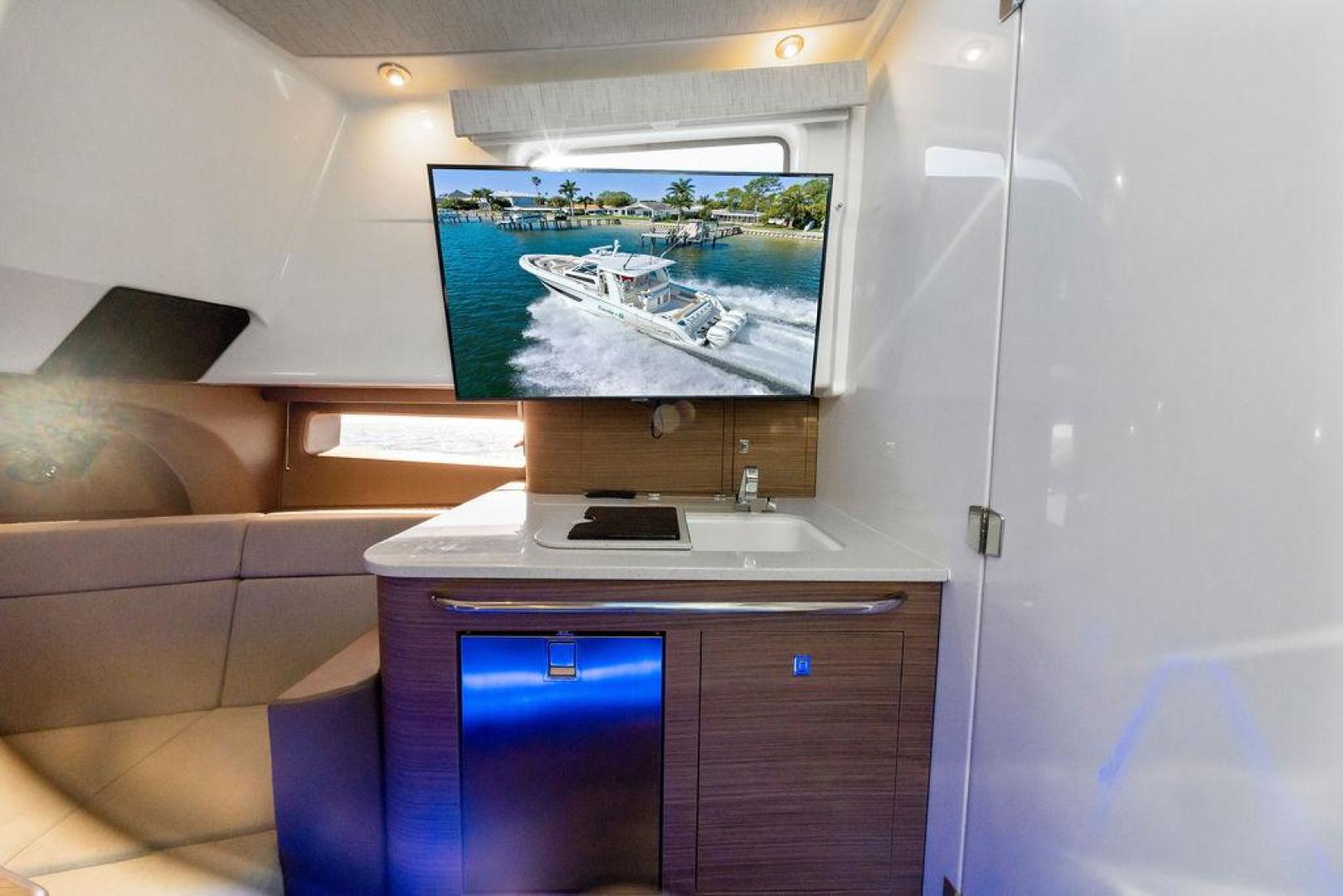 Private cabin with television and refreshments aboard the Boston Whaler