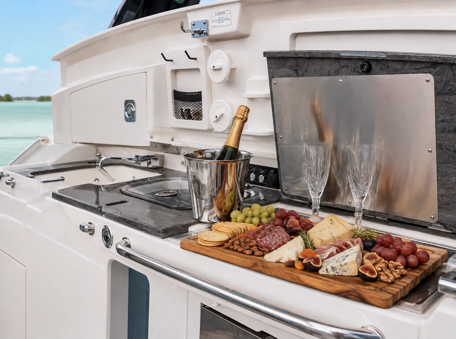 Elegant charcuterie and champagne presentation aboard the Boston Whaler