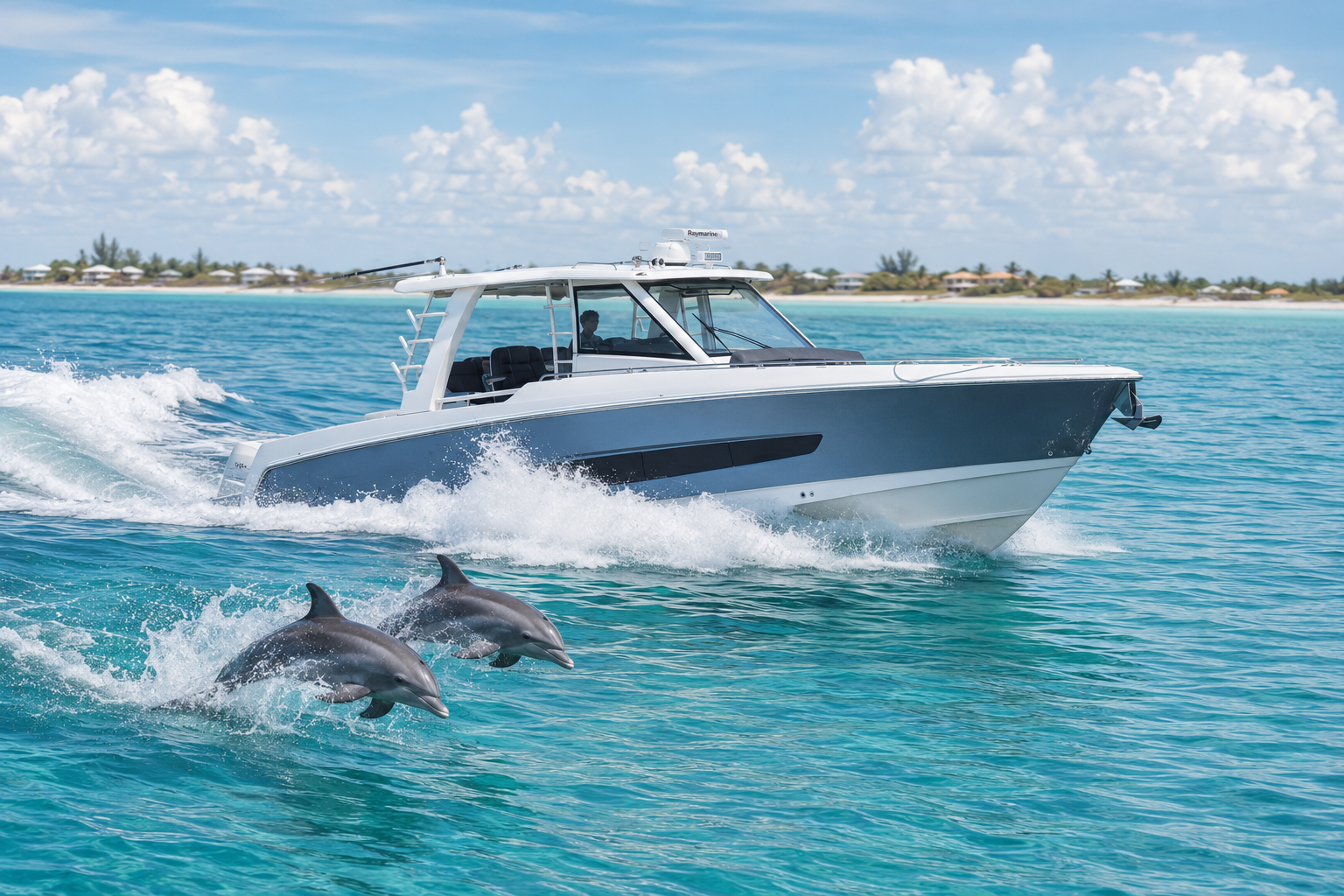 Boston Whaler 420 Outrage cruising beside two dolphins near Anna Maria Island